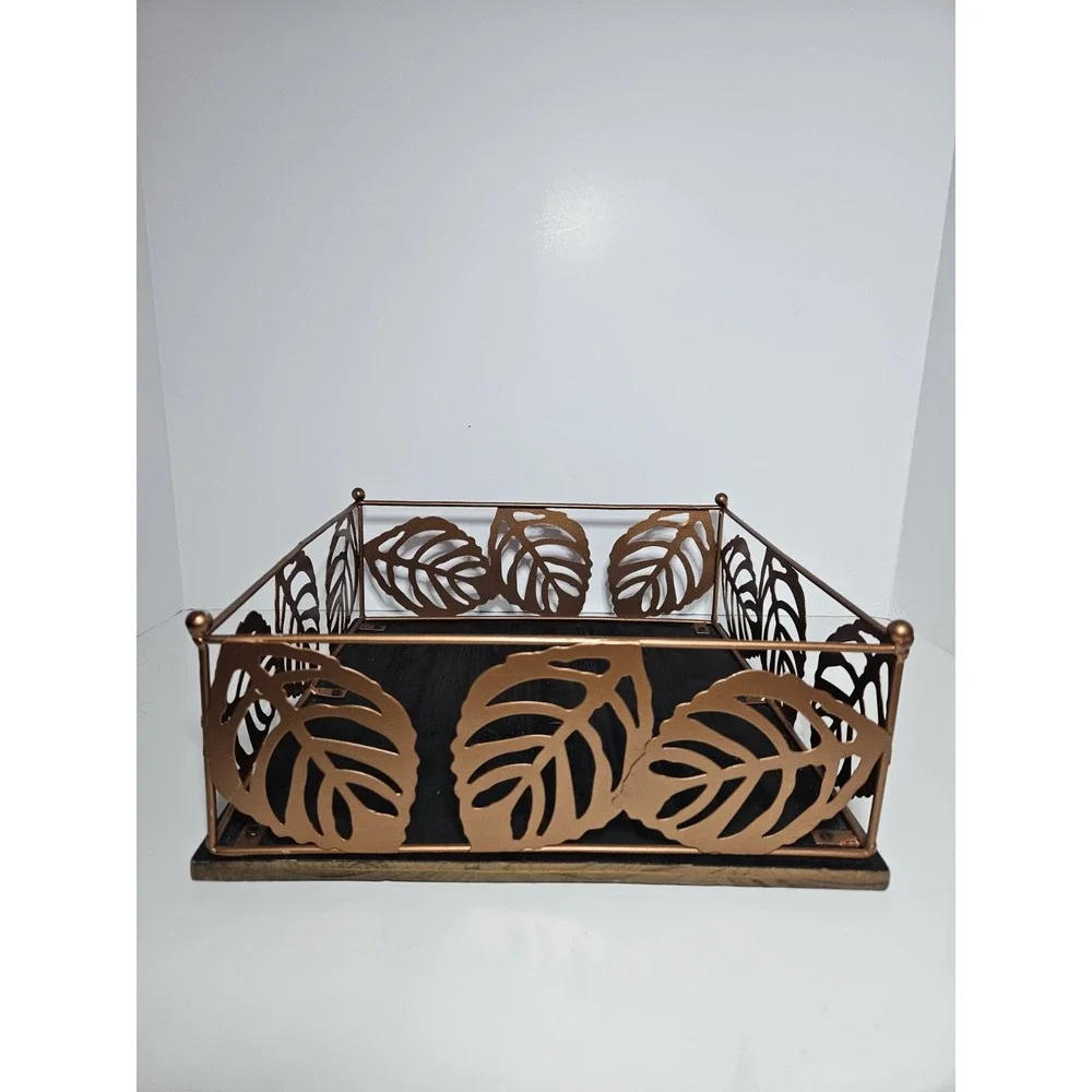 Leaf Metal Planter Set 2 Tropical Monstera Decorative Baskets Green Bronze Tray